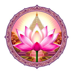 Un emblema sagrado que representa un reino religioso indio, destacando una hermosa flor de loto flotante en el centro, iluminada por una suave luz multicolor que transmite espiritualidad y paz