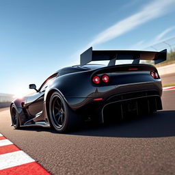 A stunning, black 1993 Lotus Elise GT1, featuring a widebody design and a long tail, positioned dynamically on a racetrack