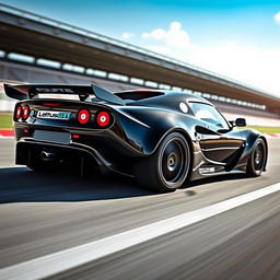 A stunning, black 1993 Lotus Elise GT1, featuring a widebody design and a long tail, positioned dynamically on a racetrack