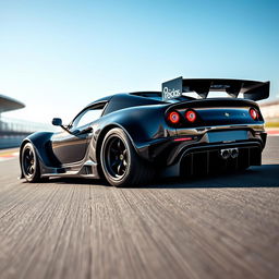 A stunning, black 1993 Lotus Elise GT1, featuring a widebody design and a long tail, positioned dynamically on a racetrack