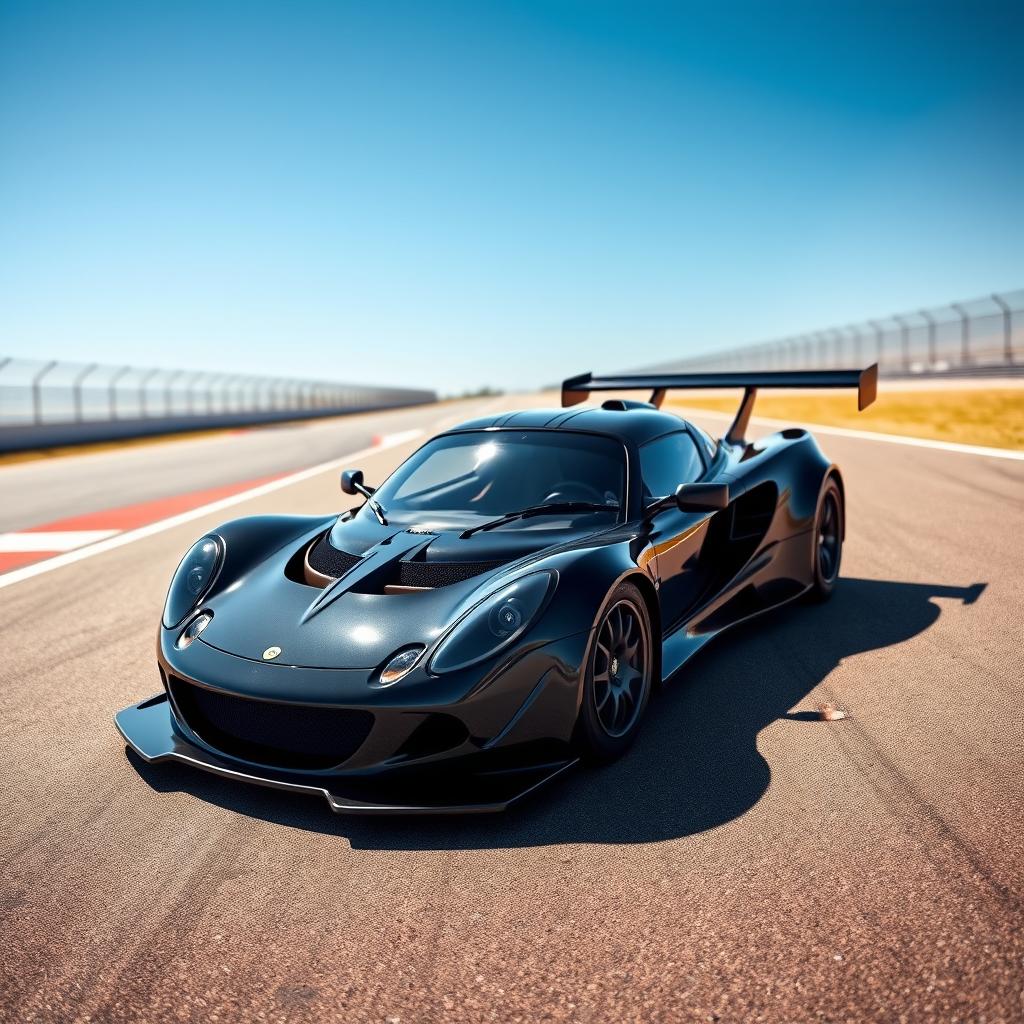 A stunning, black 1993 Lotus Elise GT1, featuring a widebody design and a long tail, positioned dynamically on a racetrack