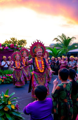 A vibrant and colorful traditional Indonesian Pak Nanta performance scene, featuring dancers in elaborate costumes adorned with intricate batik patterns and bright colors