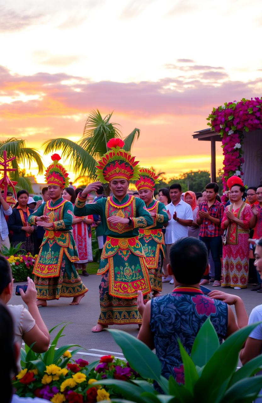 A vibrant and colorful traditional Indonesian Pak Nanta performance scene, featuring dancers in elaborate costumes adorned with intricate batik patterns and bright colors