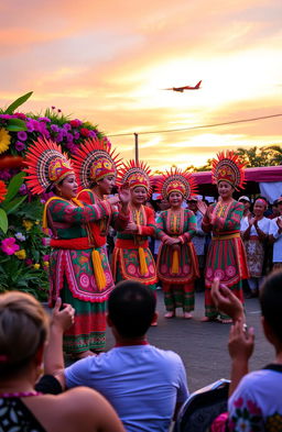 A vibrant and colorful traditional Indonesian Pak Nanta performance scene, featuring dancers in elaborate costumes adorned with intricate batik patterns and bright colors