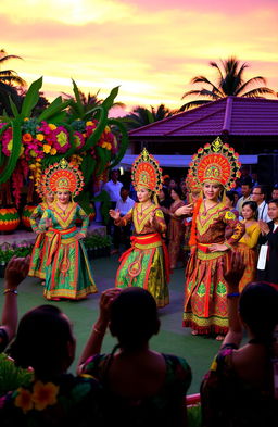 A vibrant and colorful traditional Indonesian Pak Nanta performance scene, featuring dancers in elaborate costumes adorned with intricate batik patterns and bright colors