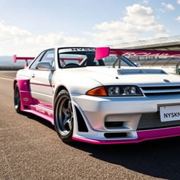 A beautifully designed Nissan Skyline R31 in a striking combination of white and pink, representing the Le Mans editions