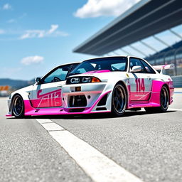 A beautifully designed Nissan Skyline R31 in a striking combination of white and pink, representing the Le Mans editions