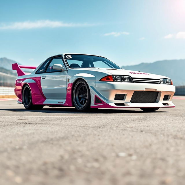 A beautifully designed Nissan Skyline R31 in a striking combination of white and pink, representing the Le Mans editions