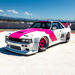 A beautifully designed Nissan Skyline R31 in a striking combination of white and pink, representing the Le Mans editions