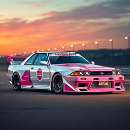 A visually striking Nissan Skyline R31 in a unique white and pink color scheme, embodying the spirit of the Le Mans editions