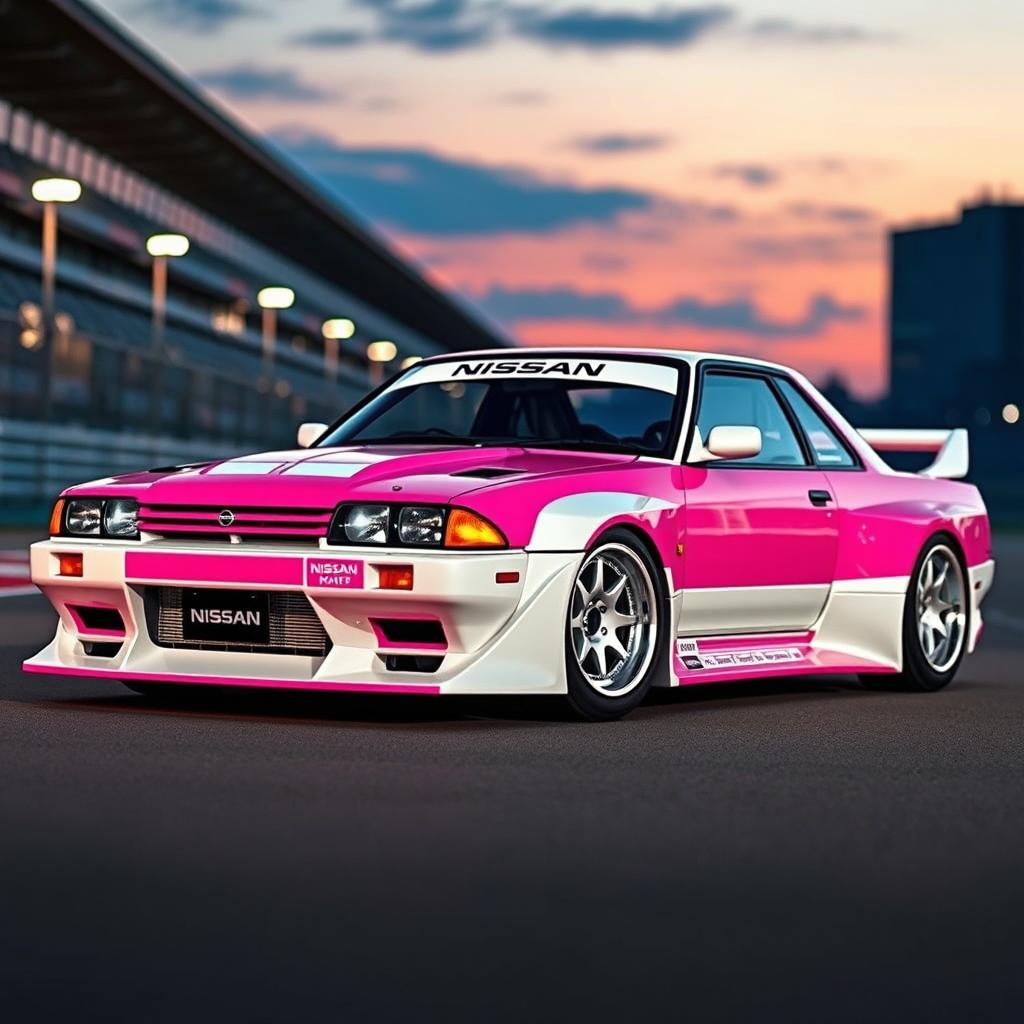 A visually striking Nissan Skyline R31 in a unique white and pink color scheme, embodying the spirit of the Le Mans editions