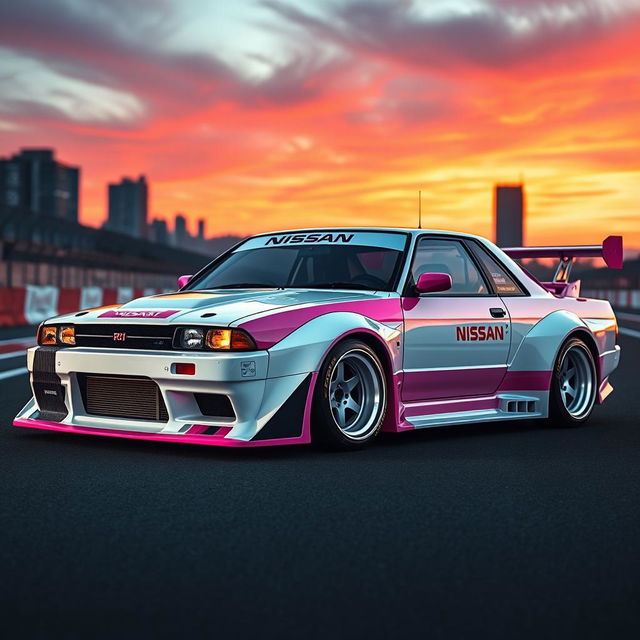 A visually striking Nissan Skyline R31 in a unique white and pink color scheme, embodying the spirit of the Le Mans editions