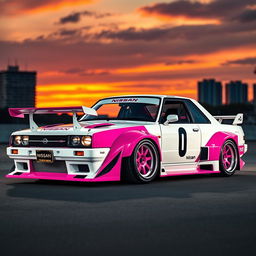 A visually striking Nissan Skyline R31 in a unique white and pink color scheme, embodying the spirit of the Le Mans editions
