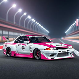 A captivating Nissan Skyline R32 in a distinctive white and pink color scheme, showcasing the essence of the Le Mans editions