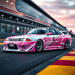 A captivating Nissan Skyline R32 in a distinctive white and pink color scheme, showcasing the essence of the Le Mans editions