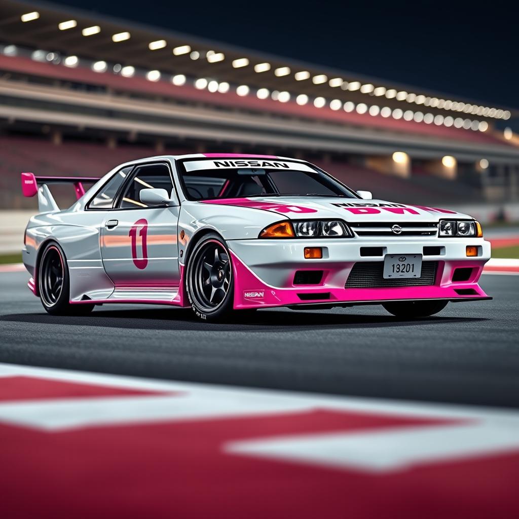 A captivating Nissan Skyline R32 in a distinctive white and pink color scheme, showcasing the essence of the Le Mans editions