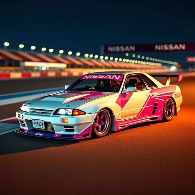 A captivating Nissan Skyline R32 in a distinctive white and pink color scheme, showcasing the essence of the Le Mans editions