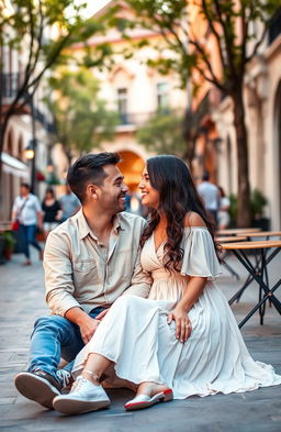 A romantic couple sitting face to face on a beautiful street, showcasing a lively atmosphere with charming architecture in the background