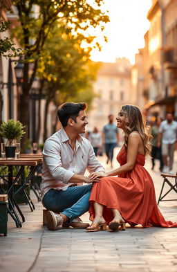 A romantic couple sitting face to face on a beautiful street, showcasing a lively atmosphere with charming architecture in the background