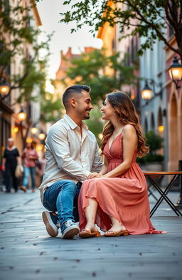 A romantic couple sitting face to face on a beautiful street, showcasing a lively atmosphere with charming architecture in the background