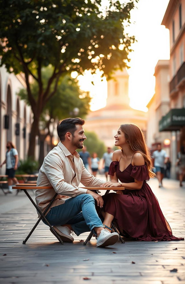 A romantic couple sitting face to face on a beautiful street, showcasing a lively atmosphere with charming architecture in the background