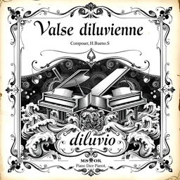 A beautifully designed vintage black and white sheet music cover for a piano and vocal piece titled 'Valse diluvienne'