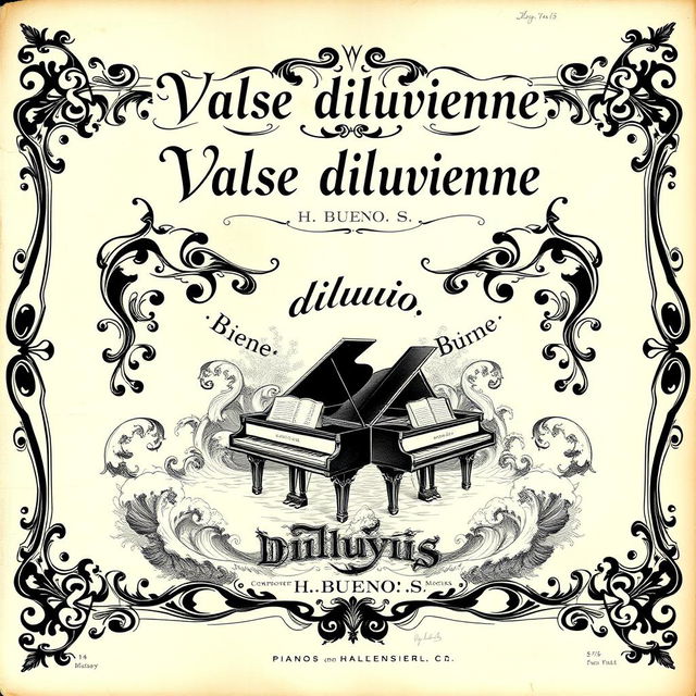 A beautifully designed vintage black and white sheet music cover for a piano and vocal piece titled 'Valse diluvienne'