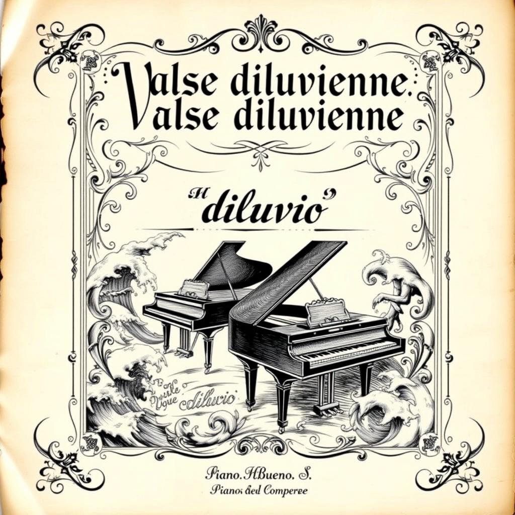 A beautifully designed vintage black and white sheet music cover for a piano and vocal piece titled 'Valse diluvienne'