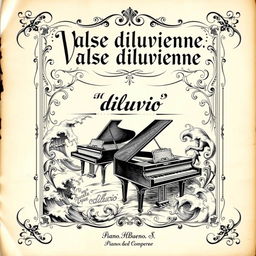 A beautifully designed vintage black and white sheet music cover for a piano and vocal piece titled 'Valse diluvienne'