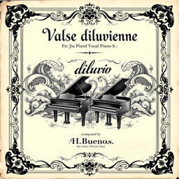 A beautifully designed vintage black and white sheet music cover for a piano and vocal piece titled 'Valse diluvienne'