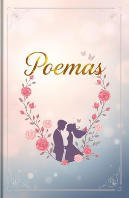 A beautifully illustrated cover of a love poems book titled 'Poemas', featuring a romantic background of soft pastel colors blending harmoniously