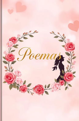 A beautifully illustrated cover of a love poems book titled 'Poemas', featuring a romantic background of soft pastel colors blending harmoniously