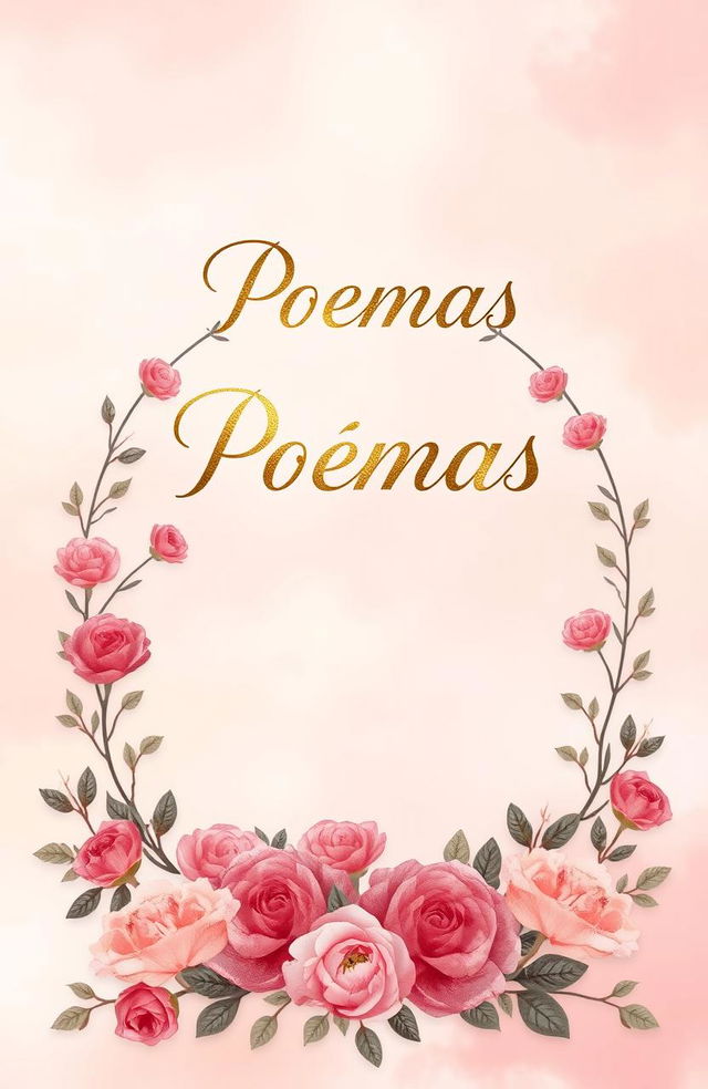 A beautifully illustrated cover of a love poems book titled 'Poemas', featuring a romantic background of soft pastel colors blending harmoniously