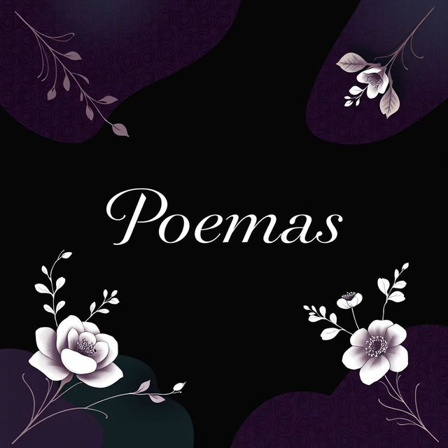 A sophisticated and elegant cover design for a love poems book titled 'Poemas', utilizing a color palette of black, white, dark green, and rich purple