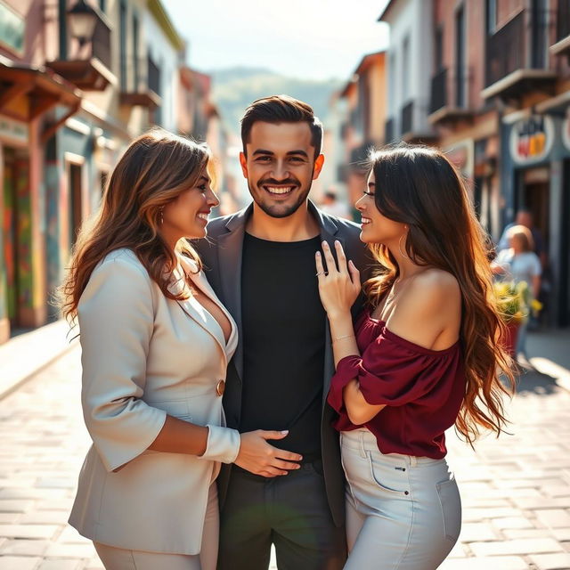 A romantic scene featuring a couple in a love triangle, with two women and one man, embracing each other surrounded by a scenic street view