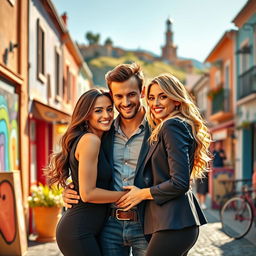 A romantic scene featuring a couple in a love triangle, with two women and one man, embracing each other surrounded by a scenic street view