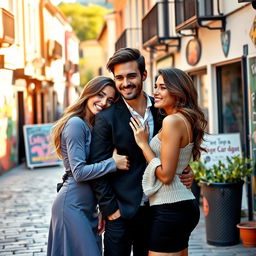 A romantic scene featuring a couple in a love triangle, with two women and one man, embracing each other surrounded by a scenic street view