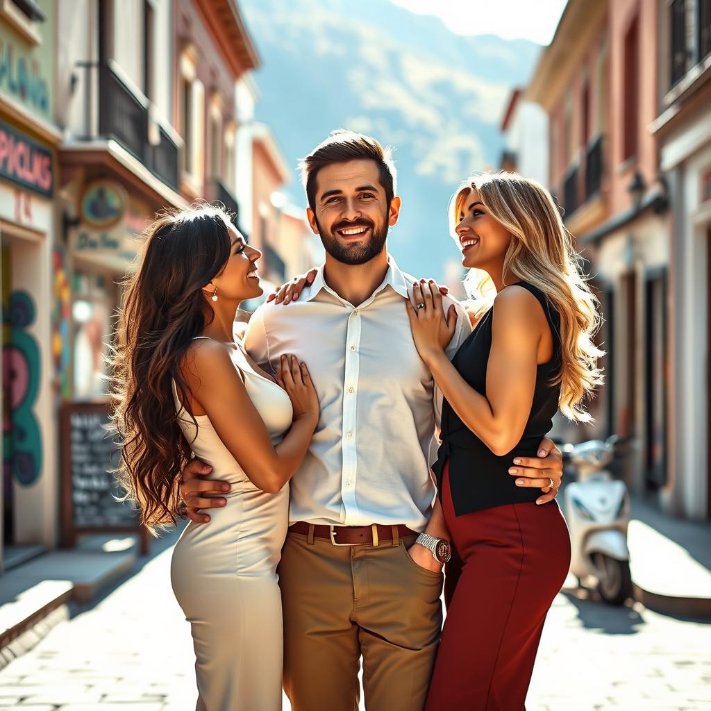 A romantic scene featuring a couple in a love triangle, with two women and one man, embracing each other surrounded by a scenic street view