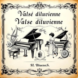 A stunning vintage black and white sheet music cover for a piano and vocal piece titled 'Valse diluvienne'