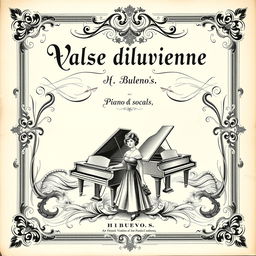 A stunning vintage black and white sheet music cover for a piano and vocal piece titled 'Valse diluvienne'