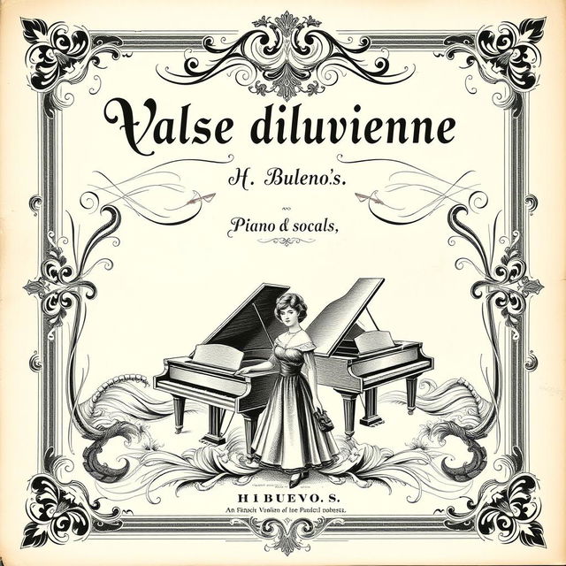 A stunning vintage black and white sheet music cover for a piano and vocal piece titled 'Valse diluvienne'