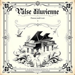 A stunning vintage black and white sheet music cover for a piano and vocal piece titled 'Valse diluvienne'