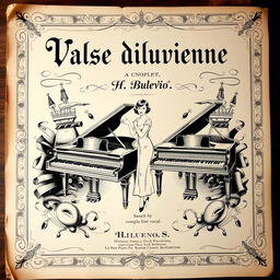 A stunning vintage black and white sheet music cover for a piano and vocal piece titled 'Valse diluvienne'