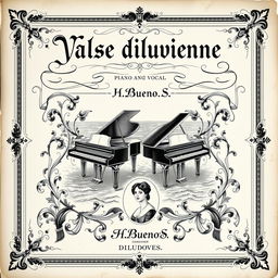 An elegant vintage black and white sheet music cover for a piano and vocal piece, featuring the title 'Valse diluvienne' prominently displayed once at the top in a classic, ornate font