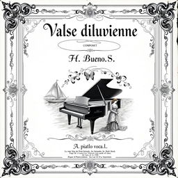 An elegant vintage black and white sheet music cover for a piano and vocal piece, featuring the title 'Valse diluvienne' prominently displayed once at the top in a classic, ornate font