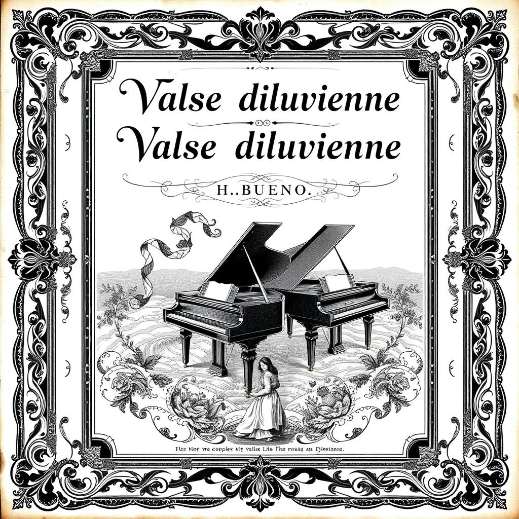 An elegant vintage black and white sheet music cover for a piano and vocal piece, featuring the title 'Valse diluvienne' prominently displayed once at the top in a classic, ornate font