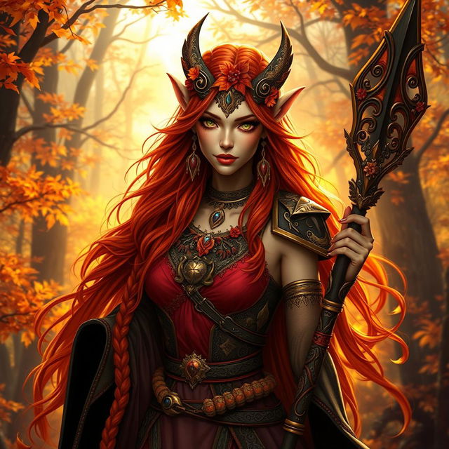 A female Autumn Eladrin, showcasing vibrant autumn colors in her attire, adorned with leaves and nature-inspired jewelry