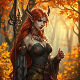 A female Autumn Eladrin, showcasing vibrant autumn colors in her attire, adorned with leaves and nature-inspired jewelry