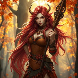 A female Autumn Eladrin, showcasing vibrant autumn colors in her attire, adorned with leaves and nature-inspired jewelry