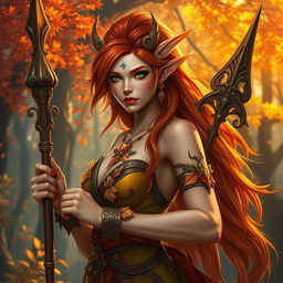 A female Autumn Eladrin, showcasing vibrant autumn colors in her attire, adorned with leaves and nature-inspired jewelry